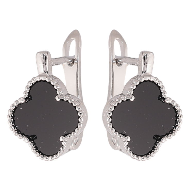 Серьги Нержавеющая сталь английский замок "Клевер с черными вставками" фото №11