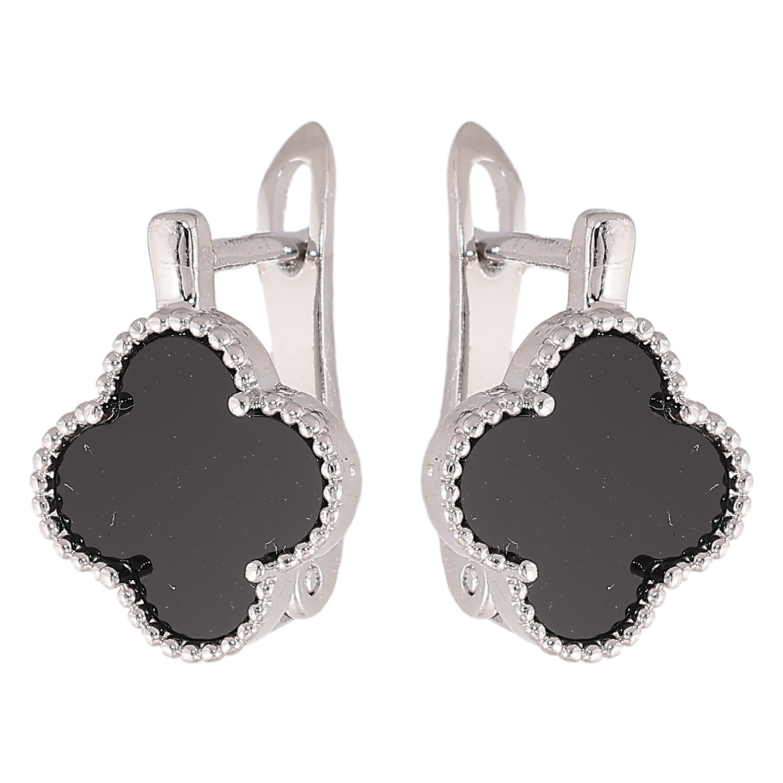 Сережки Нержавіюча сталь англійський замок "Конюшина з чорними вставками" фото №15