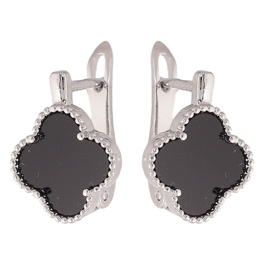 Серьги Нержавеющая сталь английский замок "Клевер с черными вставками" фото №1