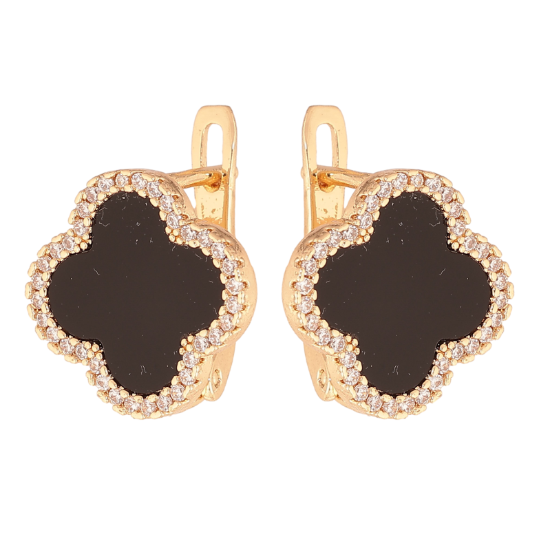 Серьги Нержавеющая сталь английский замок "Клевер с черными вставками и кристаллами" фото №1