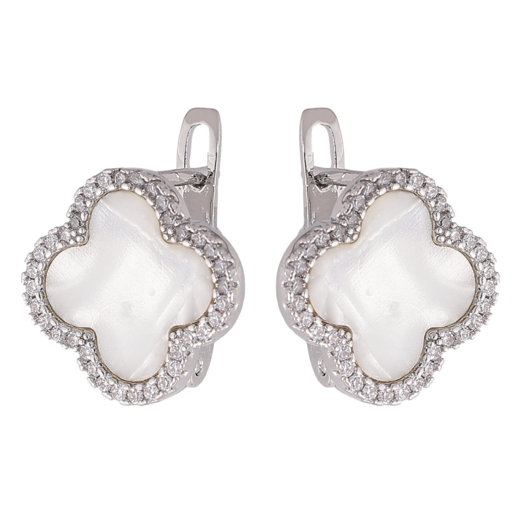 Сережки Нержавіюча сталь англійський замок "Конюшина з перламутровими вставками та кристалами" фото №2