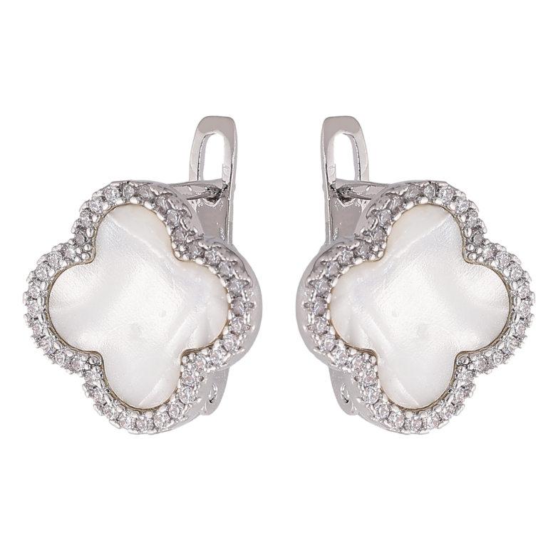 Сережки Нержавіюча сталь англійський замок "Конюшина з перламутровими вставками та кристалами" фото №1