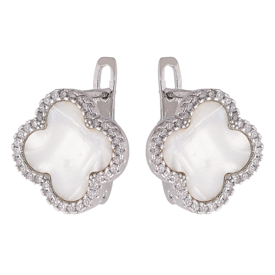 Серьги Нержавеющая сталь английский замок "Клевер с перламутровыми вставками и кристаллами" фото №1