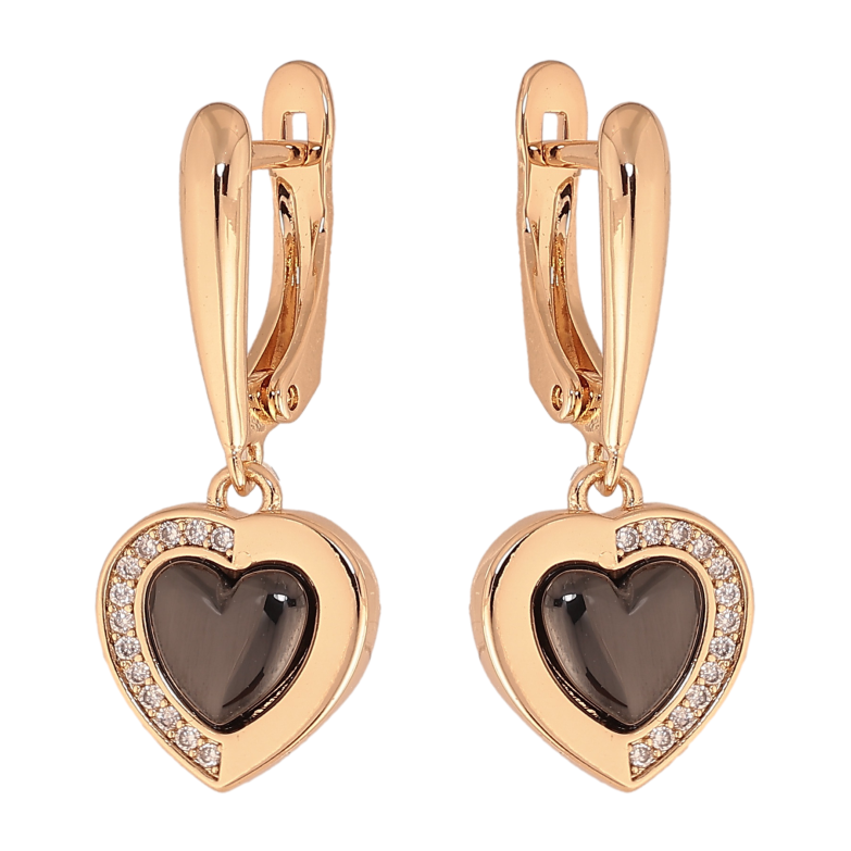 Сережки Xuping TTM Stainless Steel колір 18К англійський замок підвіски сердечка з чорною керамікою та кристалами фото №1