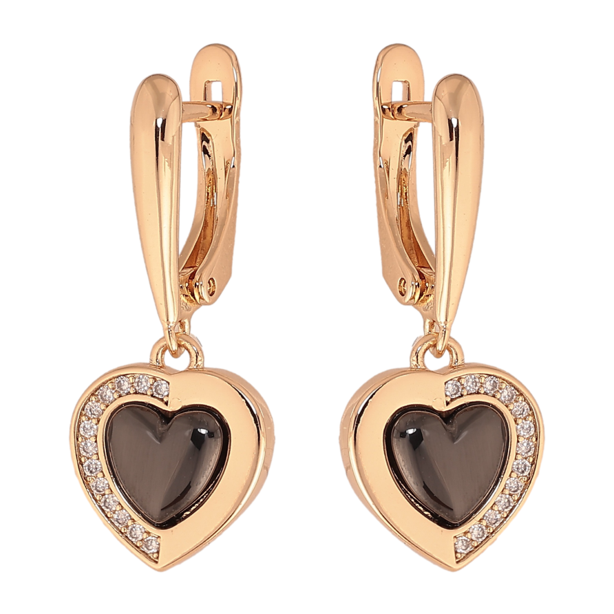 Сережки Xuping TTM Stainless Steel колір 18К англійський замок підвіски сердечка з чорною керамікою та кристалами фото №1