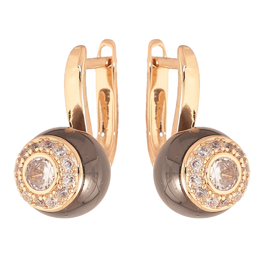 Сережки Xuping TTM Stainless Steel колір 18К англійський замок візерунок з чорною керамікою та кристалами фото №1