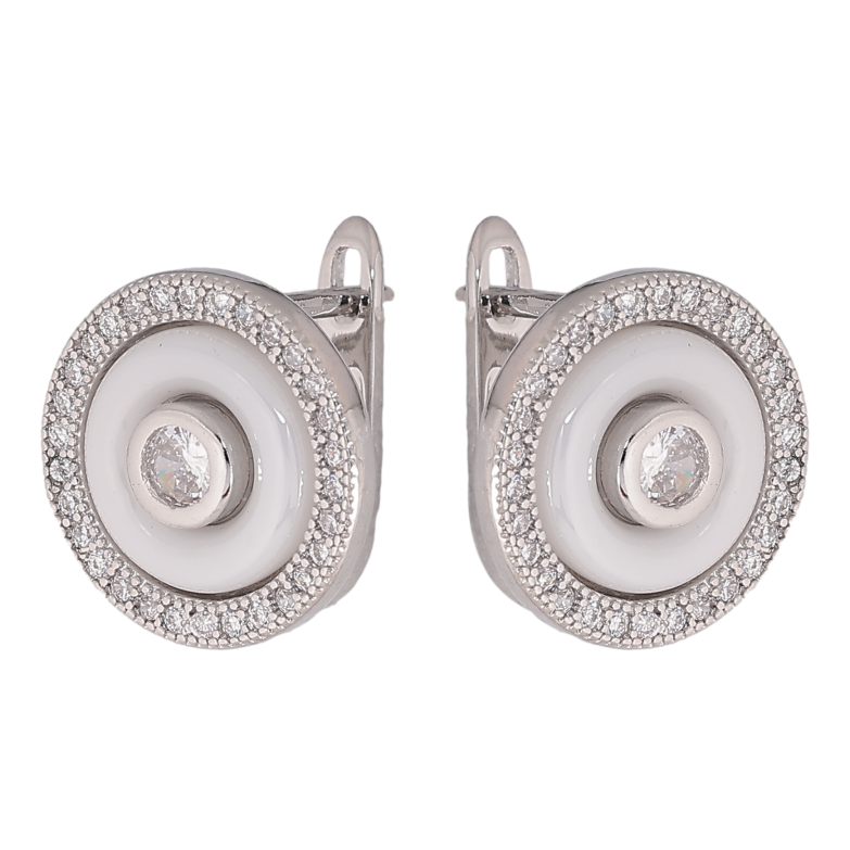 Серьги Xuping TTM Stainless Steel цвет Родий английский замок "Круги с белой керамикой и кристаллами" фото №1