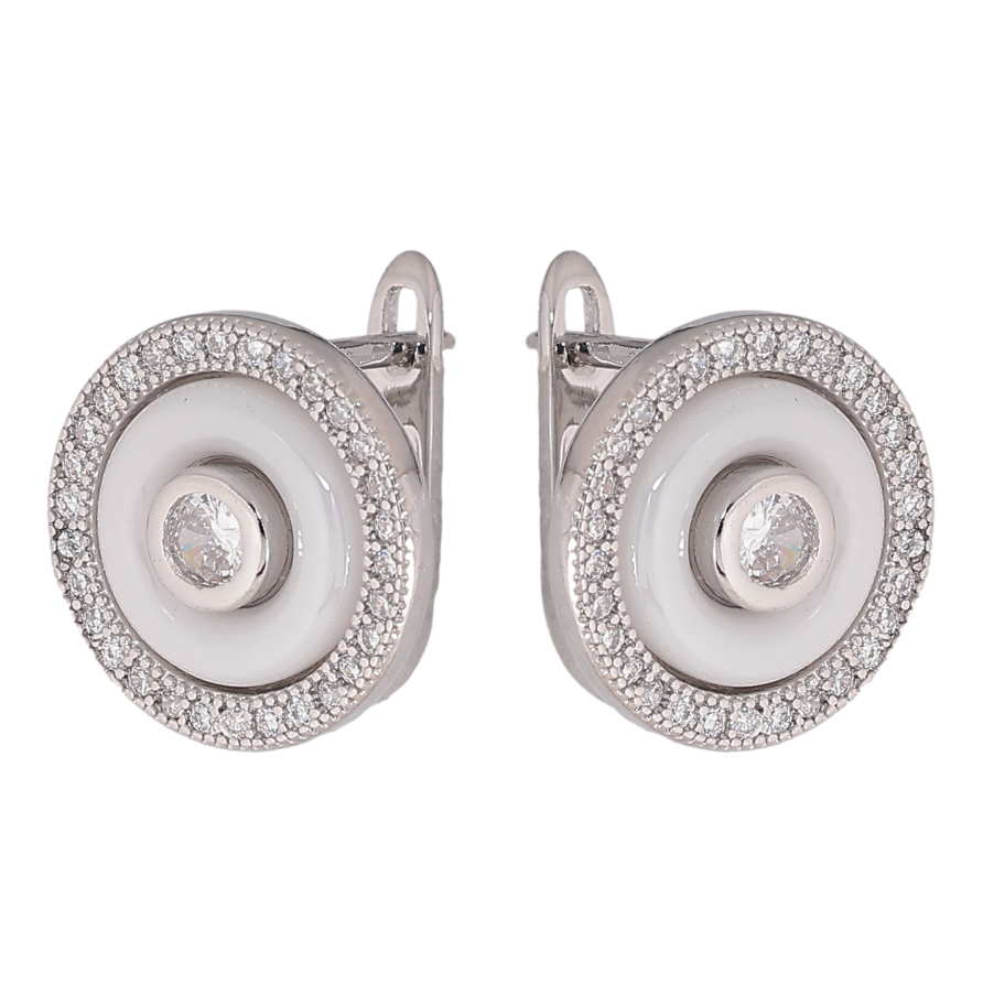 Серьги Xuping TTM Stainless Steel цвет Родий английский замок "Круги с белой керамикой и кристаллами" фото №1