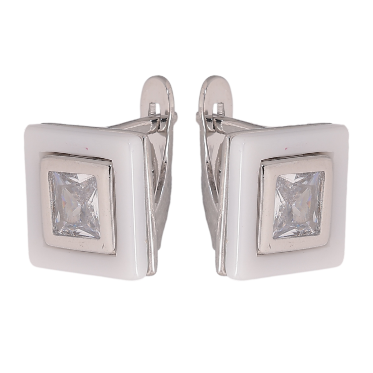 Серьги Xuping TTM Stainless Steel цвет Родий английский замок "Квадраты с белой керамикой и кристаллами" фото №18