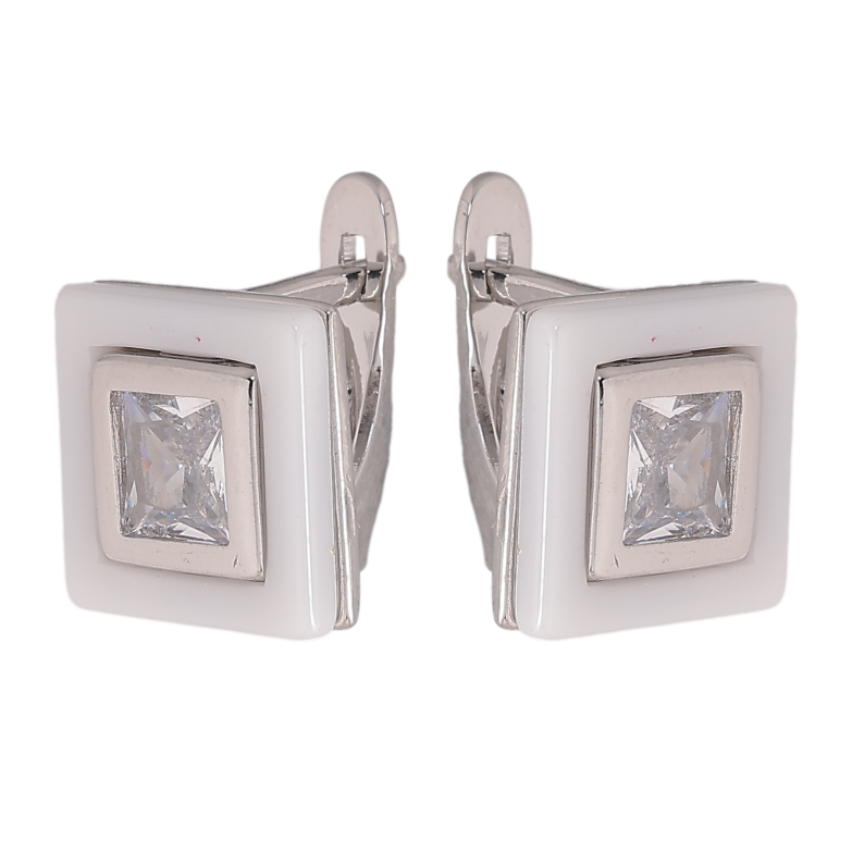 Серьги Xuping TTM Stainless Steel цвет Родий английский замок "Квадраты с белой керамикой и кристаллами" фото №1