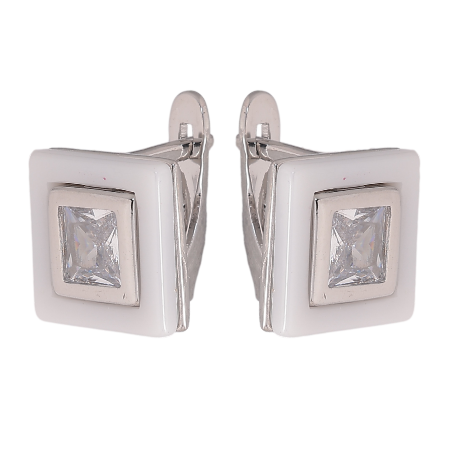 Серьги Xuping TTM Stainless Steel цвет Родий английский замок "Квадраты с белой керамикой и кристаллами" фото №1