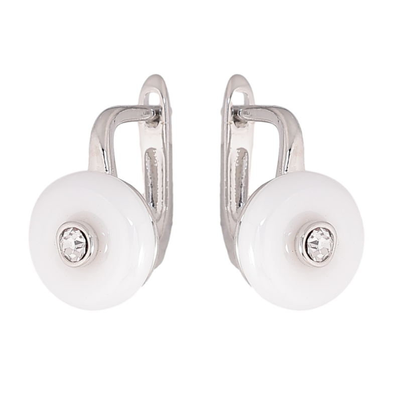 Серьги Xuping TTM Stainless Steel цвет Родий английский замок "Узор из белой керамики с кристаллом" фото №1