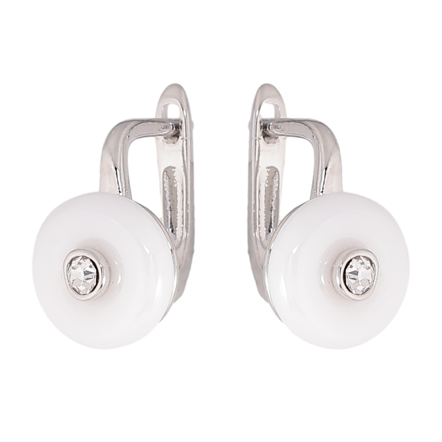 Серьги Xuping TTM Stainless Steel цвет Родий английский замок "Узор из белой керамики с кристаллом" фото №1