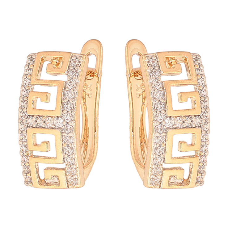 Серьги Xuping цвет Позолота 18K + Родий английский замок "Греческий узор с кристаллами" фото №11