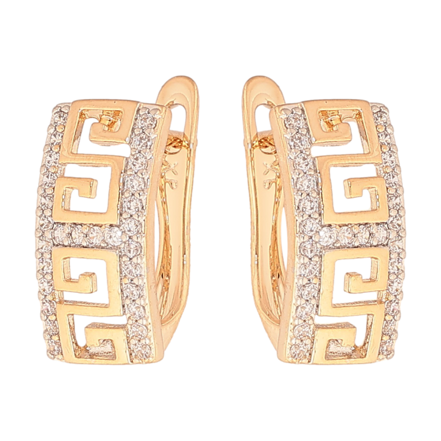 Серьги Xuping цвет Позолота 18K + Родий английский замок "Греческий узор с кристаллами" фото №1