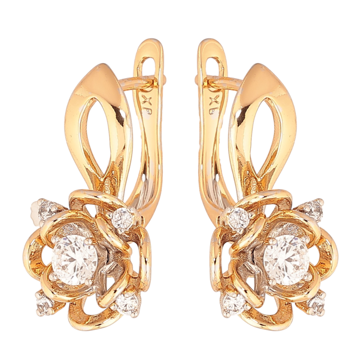 Серьги Xuping цвет Позолота 18K + Родий английский замок "Цветочки с кристаллами" фото №11