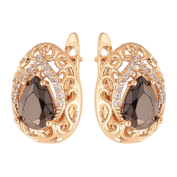 Серьги Xuping цвет Позолота 18K английский замок "Ажурные капельки с черными кристаллами" фото №5