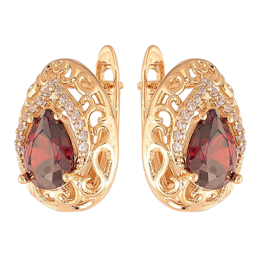 Серьги Xuping цвет Позолота 18K английский замок "Ажурные капельки с красными кристаллами" фото №1