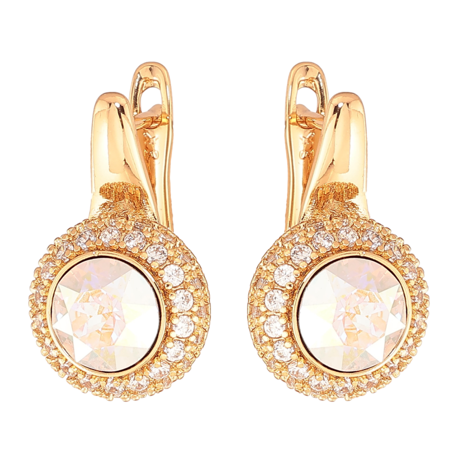 Сережки Xuping колір Позолота 18K англійський замок "Райдужні кристали в обрамленні дрібних кристалів" фото №1