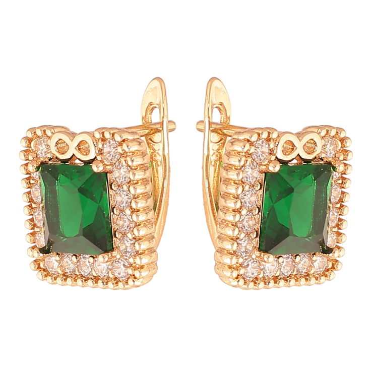 Сережки Xuping колір Позолота 18K англійський замок "Зелені кристали в обрамленні" фото №5