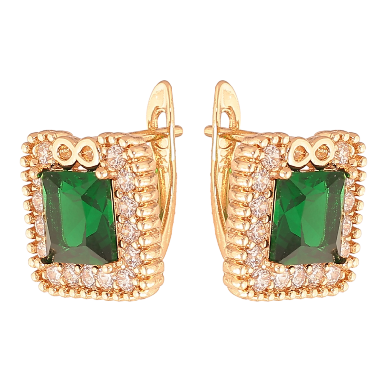Серьги Xuping цвет Позолота 18K английский замок "Зеленые кристаллы в обрамлении" фото №1