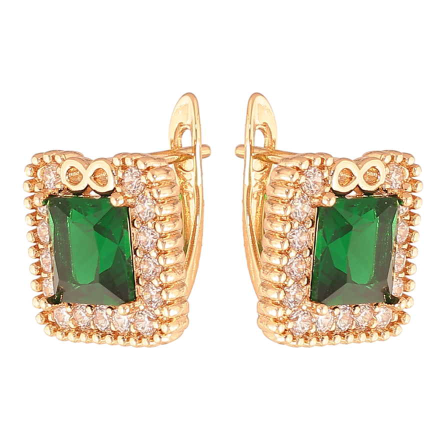 Сережки Xuping колір Позолота 18K англійський замок "Зелені кристали в обрамленні" фото №1