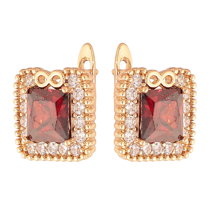 Сережки Xuping колір Позолота 18K англійський замок "Червоні кристали в обрамленні" фото №3