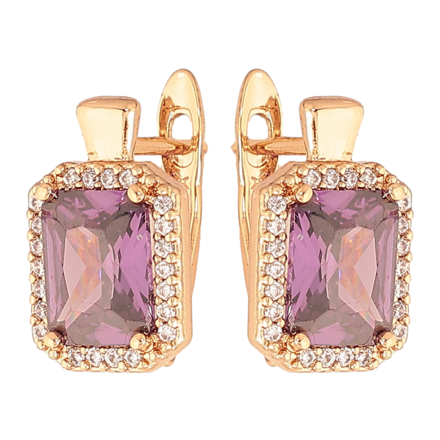 Сережки Xuping колір Позолота 18K англійський замок "Бузкові кристали в обрамленні" фото №1