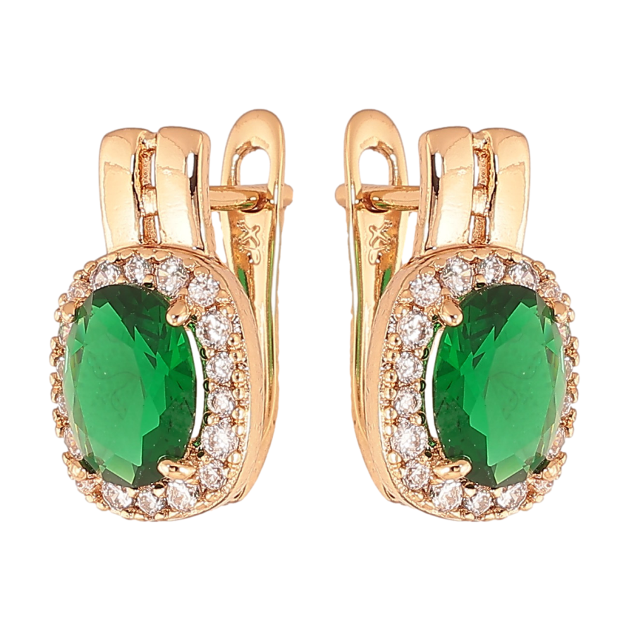 Серьги Xuping цвет Позолота 18K английский замок "Зеленые кристаллы в обрамлении" фото №1
