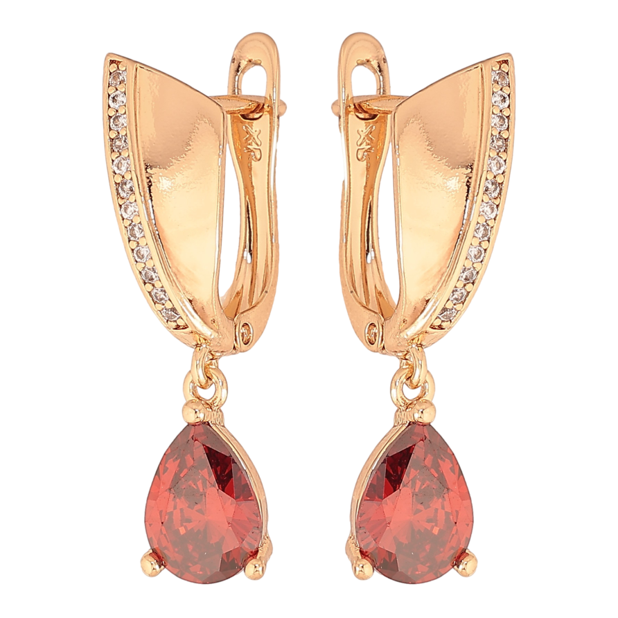 Серьги Xuping цвет Позолота 18К английский замок "Подвески с красными кристаллами" фото №1