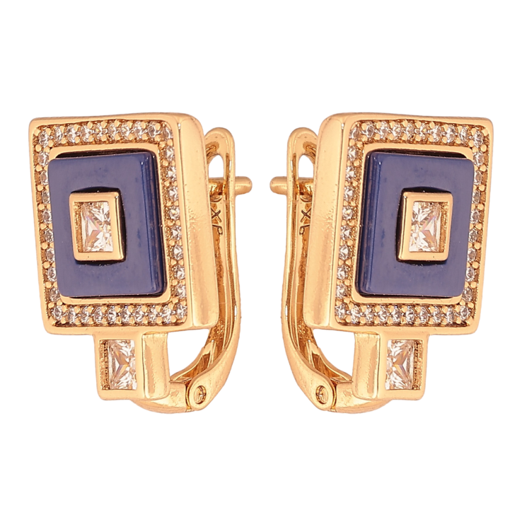 Сережки Xuping колір Позолота 18К англійський замок "Квадрати з синьою керамікою та кристалами" фото №22
