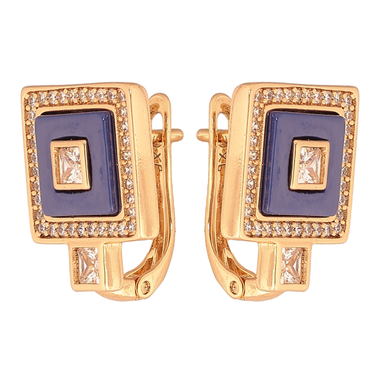 Сережки Xuping колір Позолота 18К англійський замок "Квадрати з синьою керамікою та кристалами" фото №1