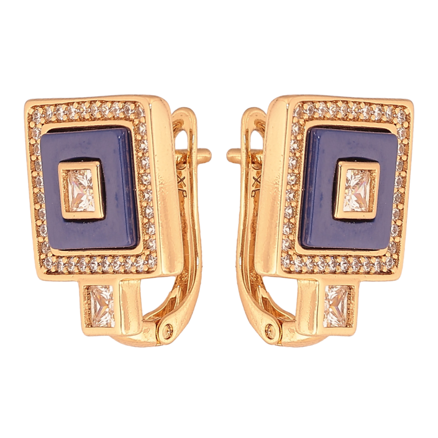Сережки Xuping колір Позолота 18К англійський замок "Квадрати з синьою керамікою та кристалами" фото №1