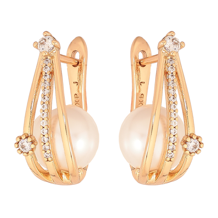 Серьги Xuping цвет Позолота 18К английский замок "Узор с жемчужинами и кристаллами" фото №13