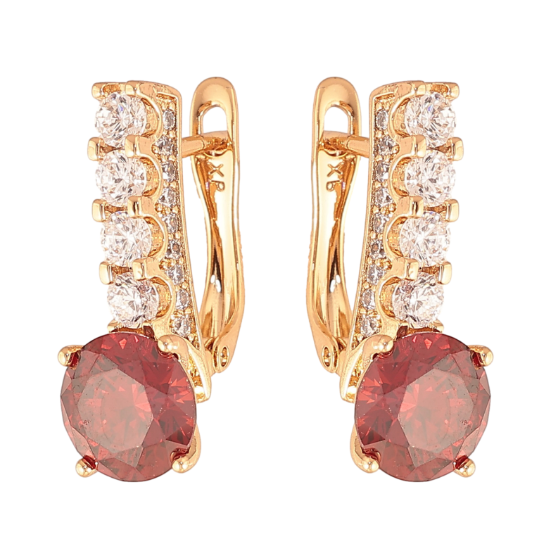Сережки Xuping колір Позолота 18K англійський замок "Кристальні доріжки з червоними кристалами" фото №1