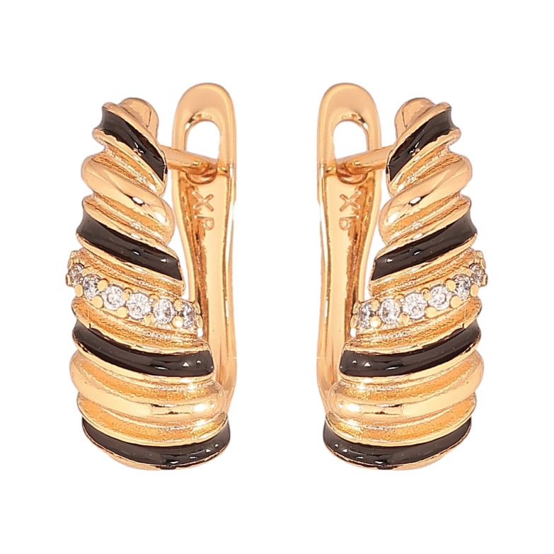 Серьги Xuping цвет Позолота 18К английский замок "Узоры с кристаллами и черной эмалью" фото №1