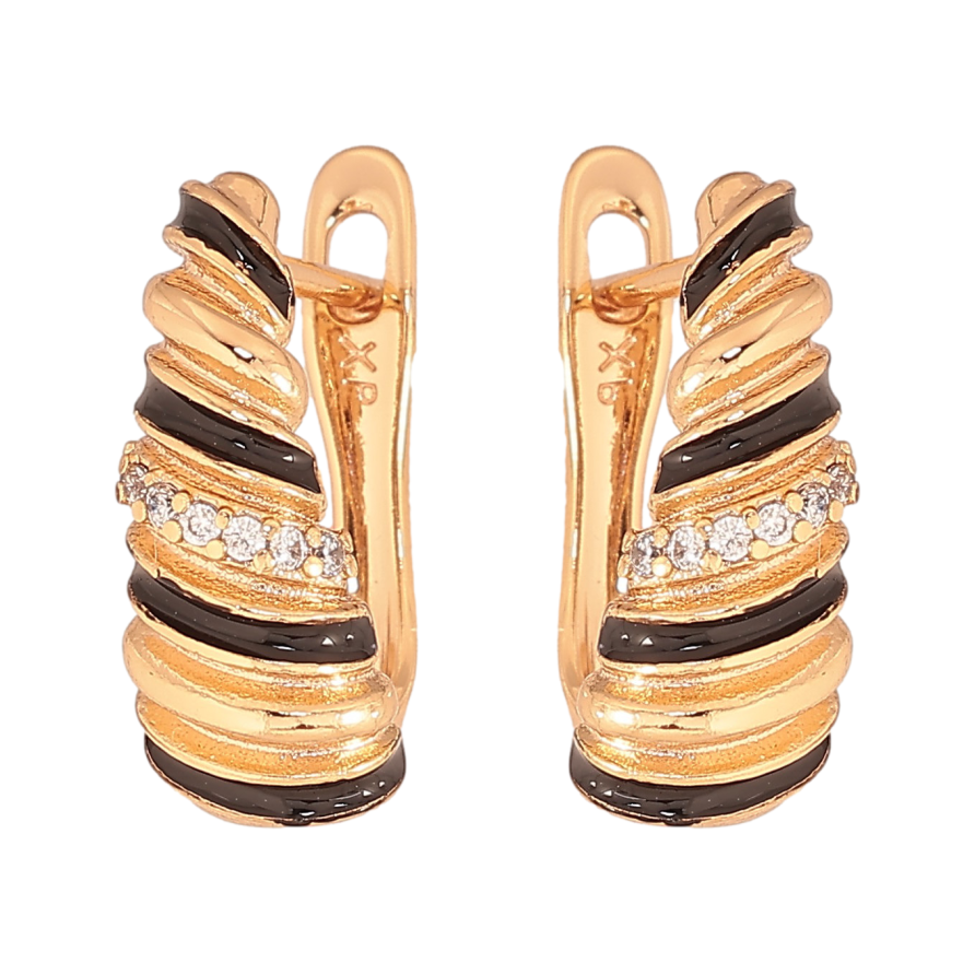 Сережки Xuping колір Позолота 18К англійський замок "Візерунки з кристалами і чорною емаллю" фото №1