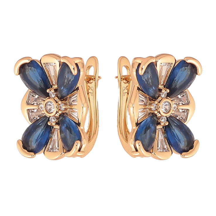 Сережки Xuping колір Позолота 18K англійський замок "Квіточки з синіми кристалами" фото №3