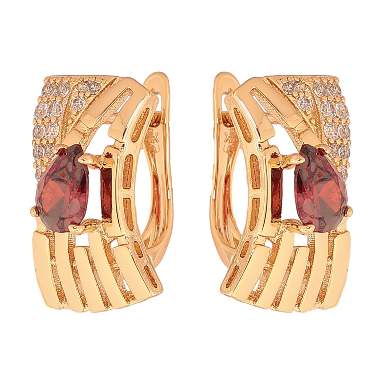 Сережки Xuping колір Позолота 18К англійський замок "Візерунок з червоними кристалами" фото №1