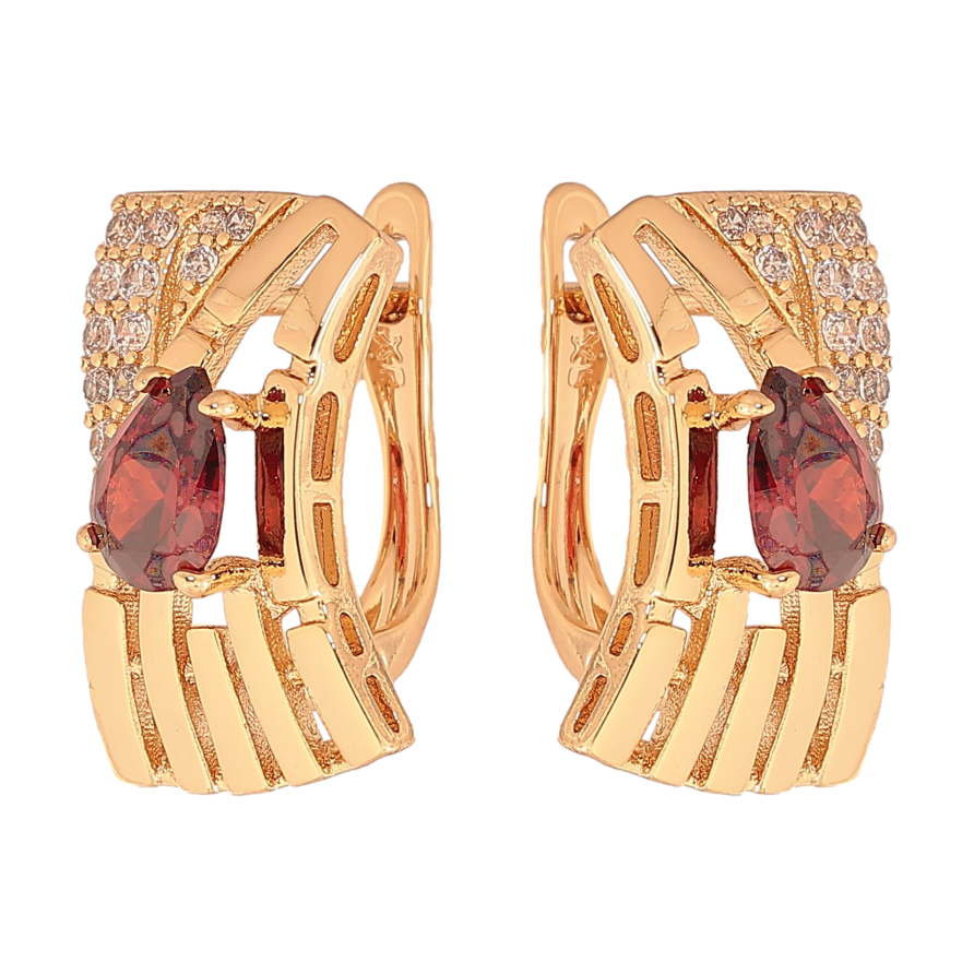 Сережки Xuping колір Позолота 18К англійський замок "Візерунок з червоними кристалами" фото №1