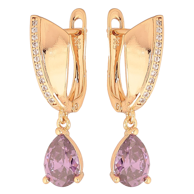 Серьги Xuping цвет Позолота 18К английский замок "Подвески с сиреневыми кристаллами" фото №22