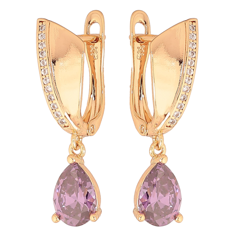 Серьги Xuping цвет Позолота 18К английский замок "Подвески с сиреневыми кристаллами" фото №1