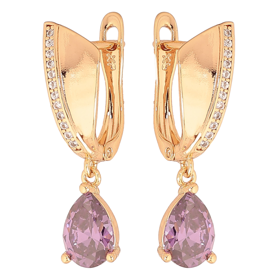 Серьги Xuping цвет Позолота 18К английский замок "Подвески с сиреневыми кристаллами" фото №1