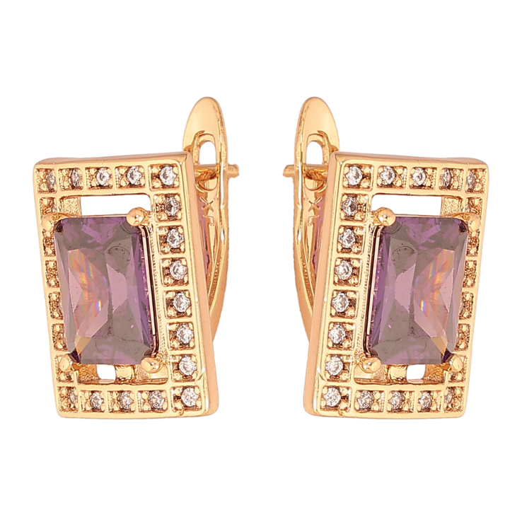 Серьги Xuping цвет Позолота 18К английский замок "Прямоугольники с сиреневыми кристаллами" фото №22