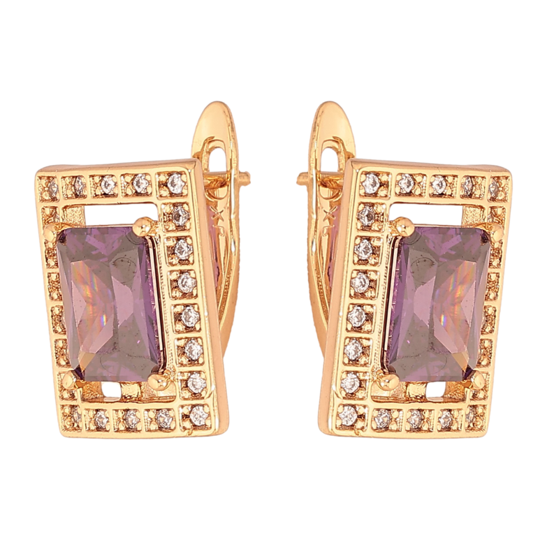 Серьги Xuping цвет Позолота 18К английский замок "Прямоугольники с сиреневыми кристаллами" фото №1