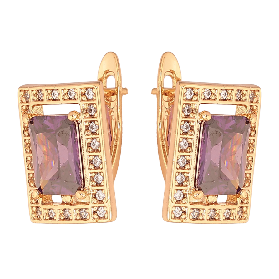Серьги Xuping цвет Позолота 18К английский замок "Прямоугольники с сиреневыми кристаллами" фото №1
