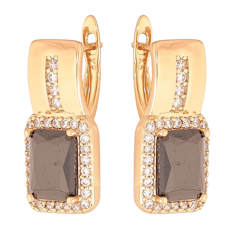 Серьги Xuping цвет Позолота 18K английский замок "Узор с черными кристаллами" фото №1