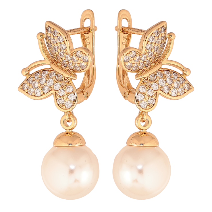 Сережки Xuping колір Позолота 18К англійський замок "Метелики з перлинними підвісами" фото №3