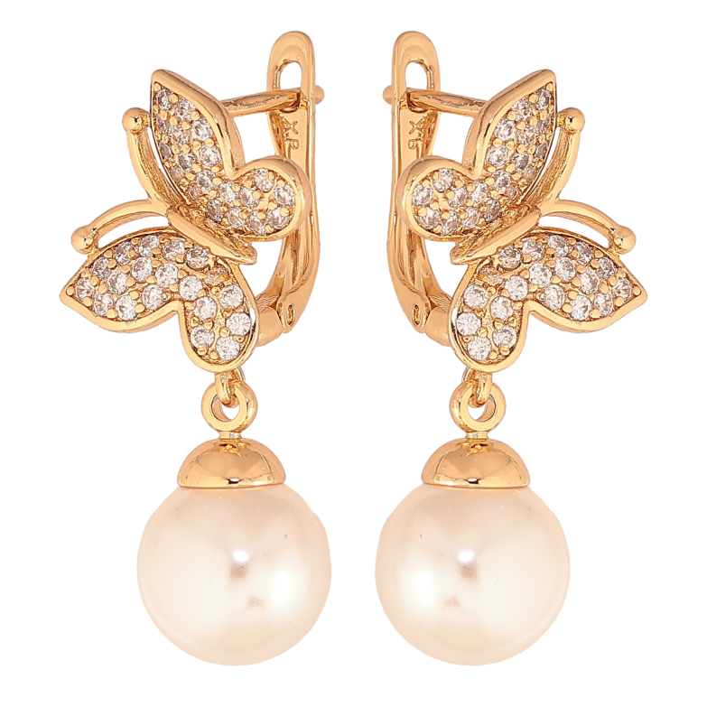 Серьги Xuping цвет Позолота 18К английский замок "Бабочки с жемчужными подвесами" фото №1
