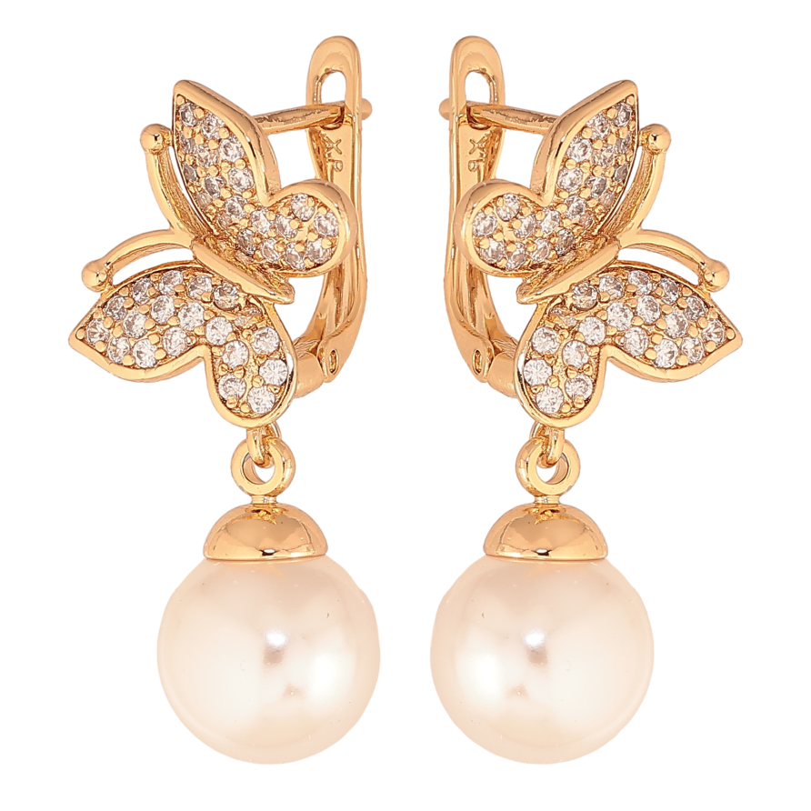 Сережки Xuping колір Позолота 18К англійський замок "Метелики з перлинними підвісами" фото №1